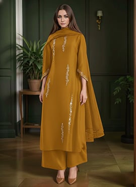 Mustard Silk Hand Embroidered Stones Zari Palazzo Suit