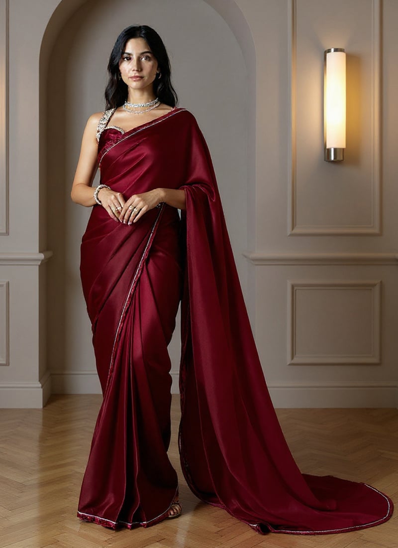 Maroon Silk Hand Embroidered With Stones Sequins Saree Wedding Wear