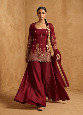 Maroon Silk Hand Embroidered Zari Sequins Palazzo Suit