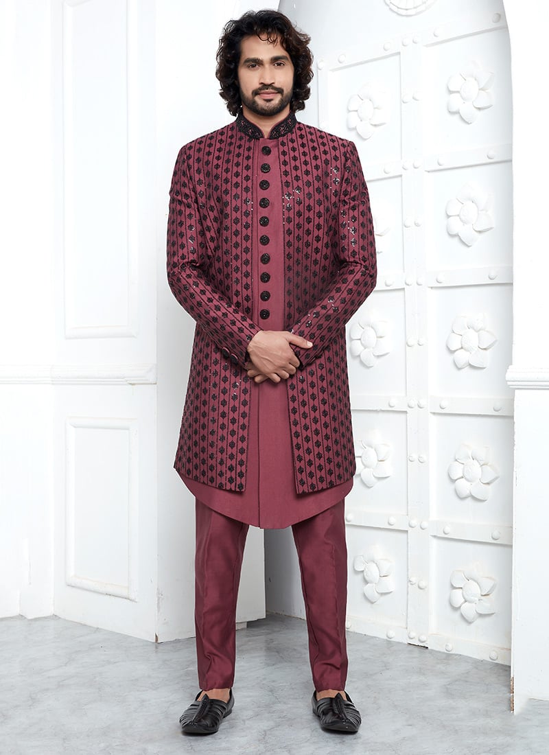 Maroon Silk Indowestern Sherwani Embroidered Sequins Elegance Wedding Wear