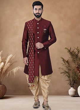 Maroon Silk Jacquard Indowestern Sherwani