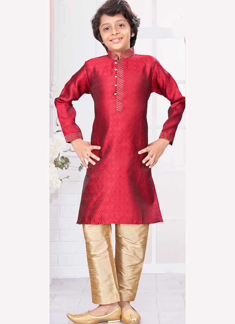 Maroon Silk Jacquard Kids Boys Kurta Pyjama