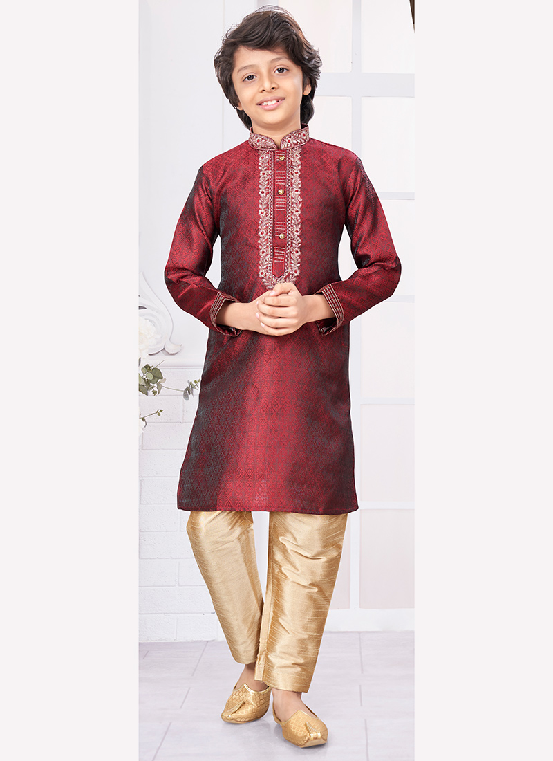 Maroon Silk Jacquard Kids Boys Kurta Pyjama Festive Wear