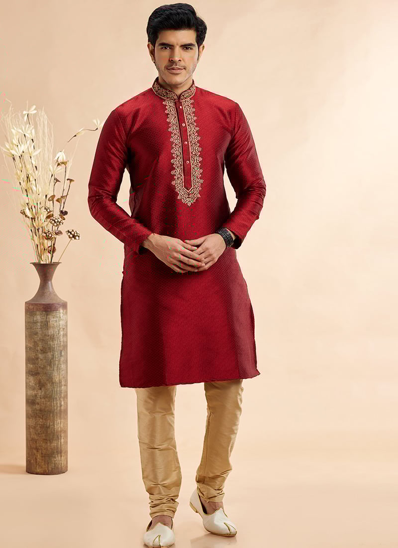 Maroon Silk Jacquard Kurta Pyjama Festive Wear