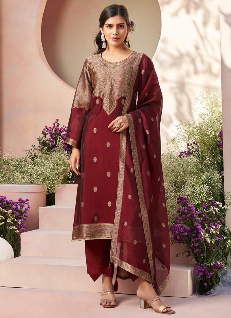 Maroon Silk Jacquard Straight Pant Suit Festive Wear