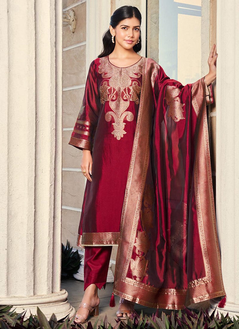 Maroon Silk Jacquard Straight Pant Suit Festive Wear