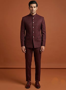 Maroon Silk Jacquard Thread Bandhgala Suit For Men
