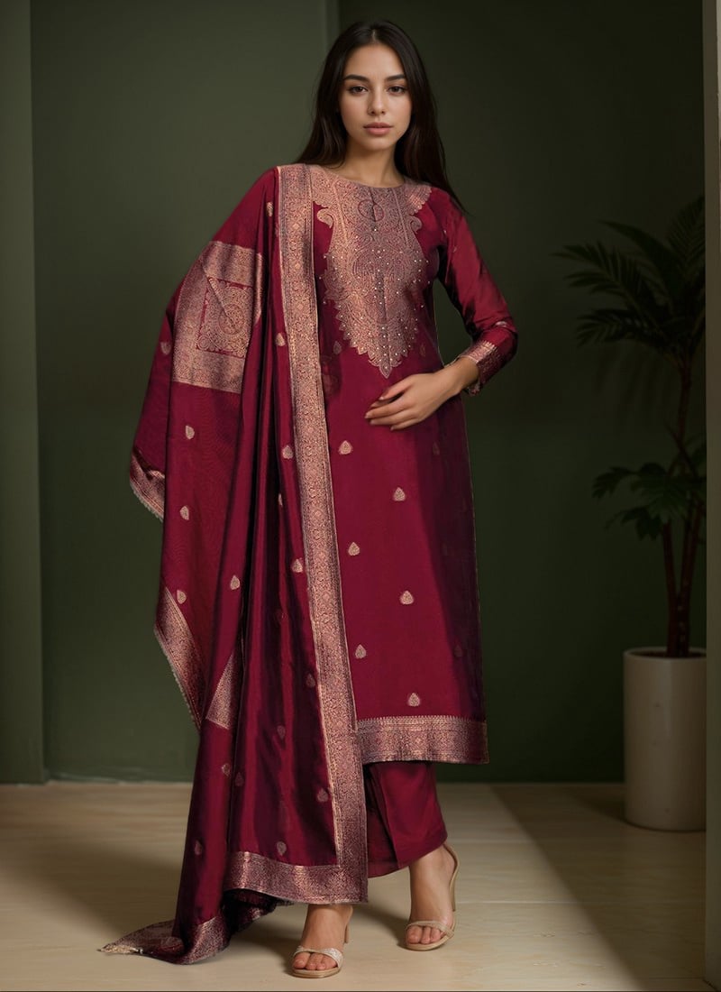 Maroon Silk Jacquard Woven Straight Pant Suit Festive Wear