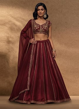 Maroon Silk Lehenga Set With Zari Sequins