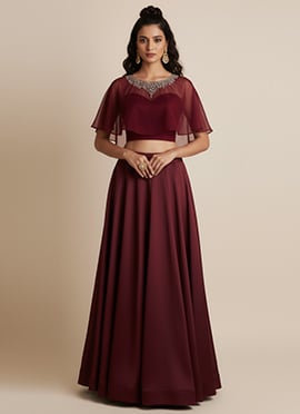 Maroon Silk Moti Hand Embroidered Indowestern Skirt Set