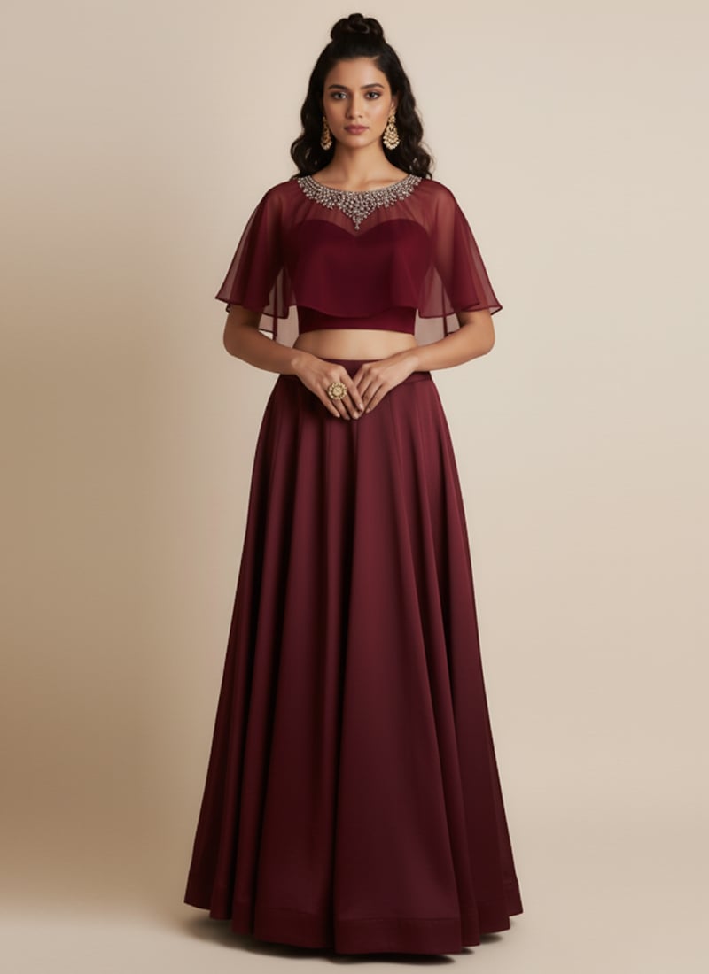 Maroon Silk Moti Hand Embroidered Indowestern Skirt Set Wedding Wear