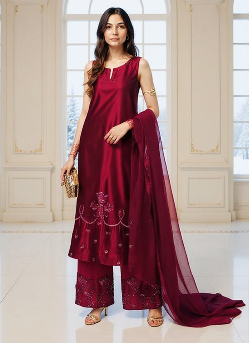 Maroon Silk Moti Resham Hand Embroidered Palazzo Suit Festive Wear