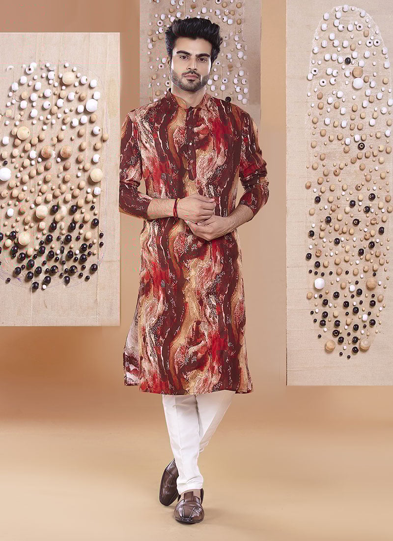 Maroon Silk Printed Kurta Pyjama Festive Wear