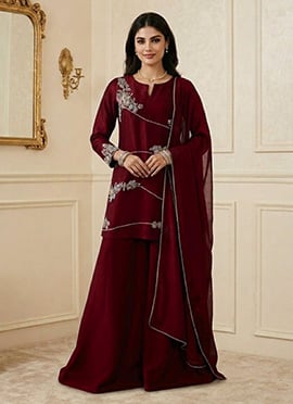 Maroon Silk Resham Zari Sequins Palazzo Suit