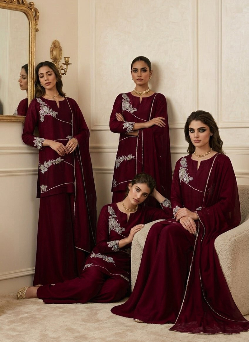 Maroon Silk Resham Zari Sequins Palazzo Suit After Six Wear