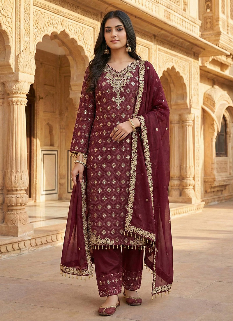 Maroon Silk Sequins Embroidered Beads Work Pakistani Straight Pant Suit Festive Wear