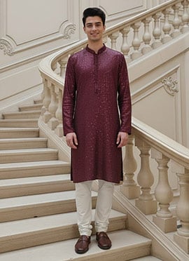 Maroon Silk Sequins Festive Ready Kurta Pyjama