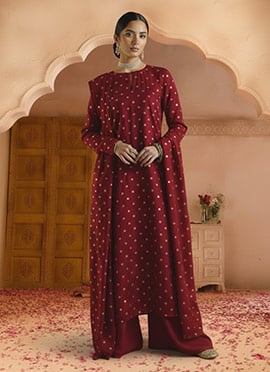 Maroon Silk Sequins Palazzo Suit