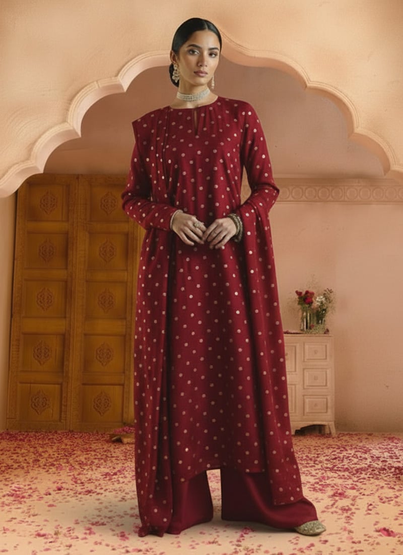 Maroon Silk Sequins Palazzo Suit Festive Wear