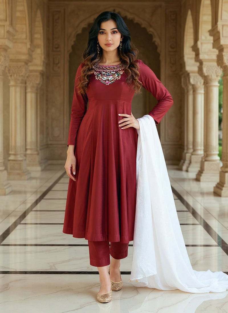 Maroon Silk Sequins Thread Embroidered Anarkali Suit Festive Wear
