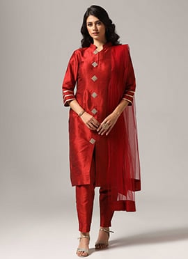 Maroon Silk Stones Patch Straight Pant Suit