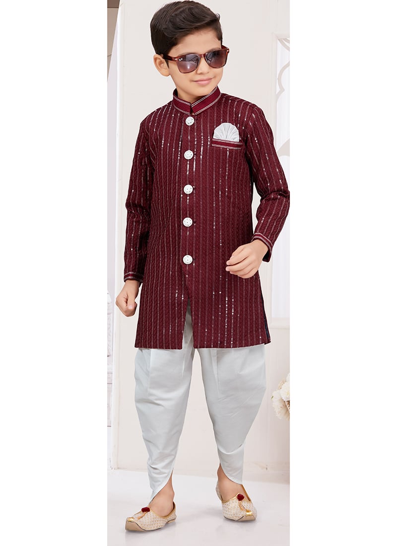 Maroon Silk Thread Sequins Kids Boys Indowestern Sherwani