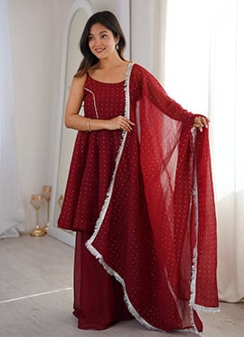 Maroon Silk Tikki Work Palazzo Suit