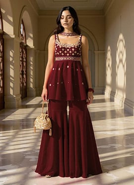 Maroon Silk Zardosi Hand Embroidered With Mirror Work Sharara Suit