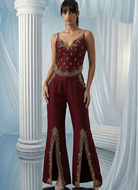 Maroon Silk Zardosi Sequins Hand Embroidered Indowestern Palazzo Set