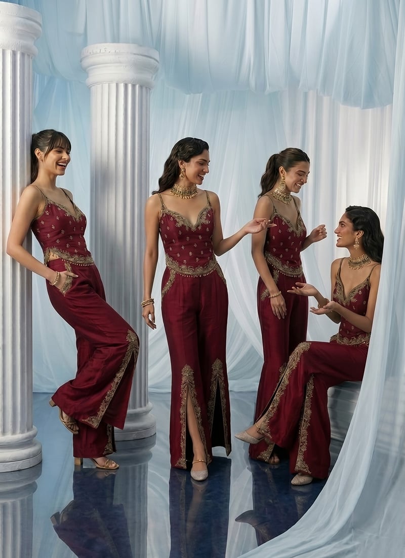Maroon Silk Zardosi Sequins Hand Embroidered Indowestern Palazzo Set Wedding Wear