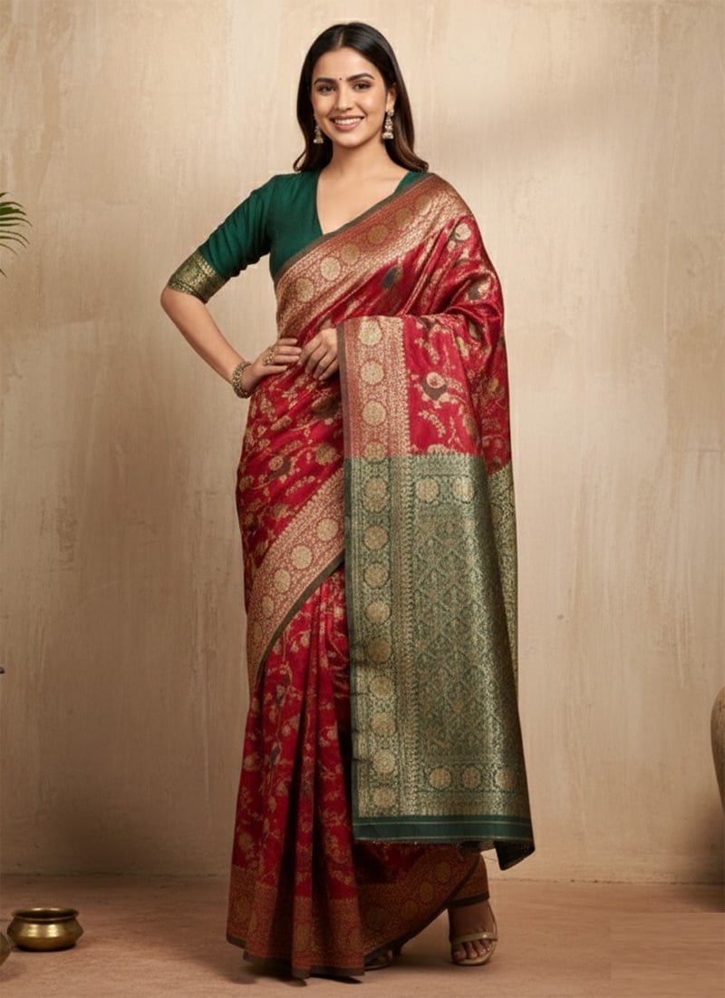 Maroon Silk Zari Brocade Saree Festive Wear