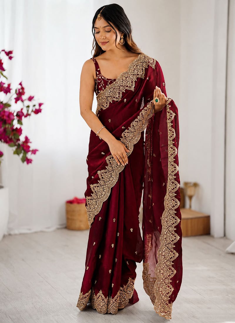 Maroon Silk Zari Embroidered Dual Tone Saree Festive Wear