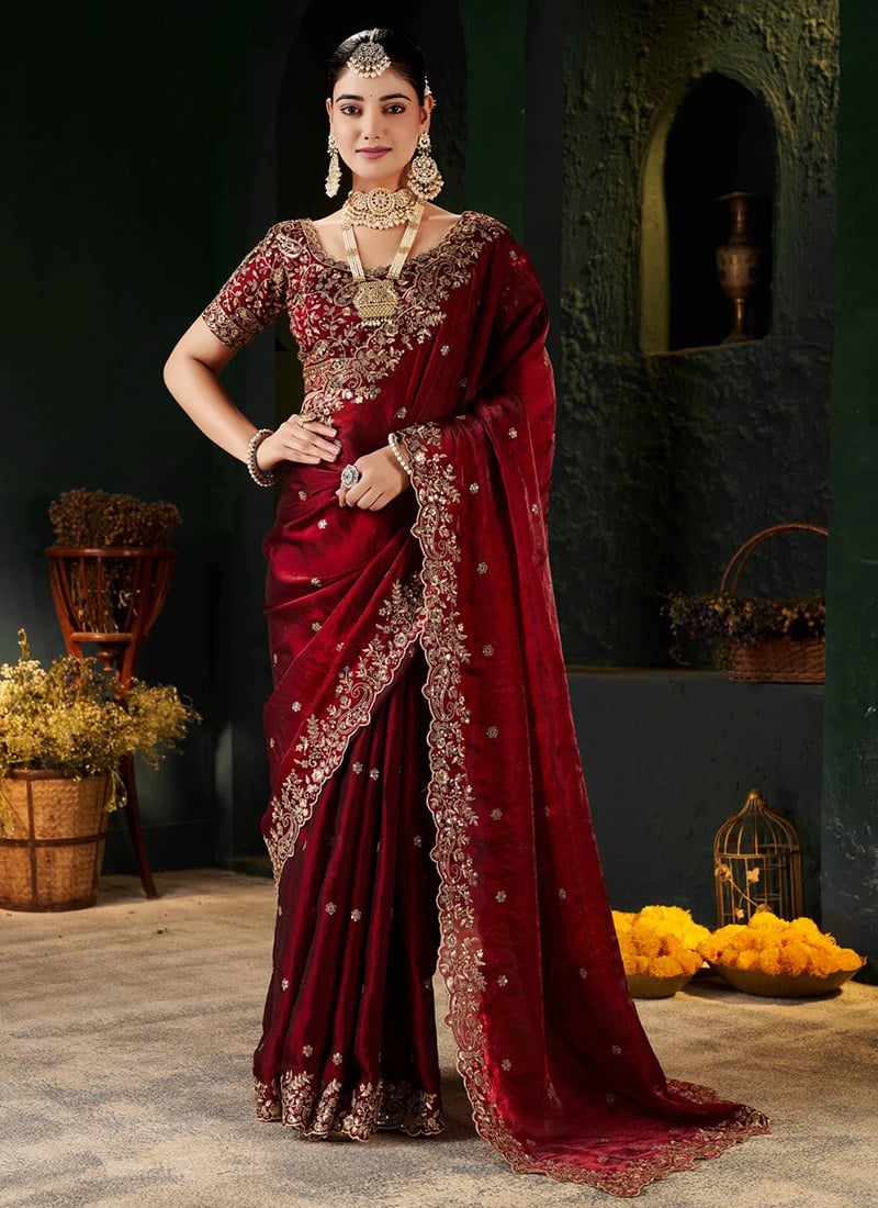 Maroon Silk Zari Embroidered Saree After Six Wear