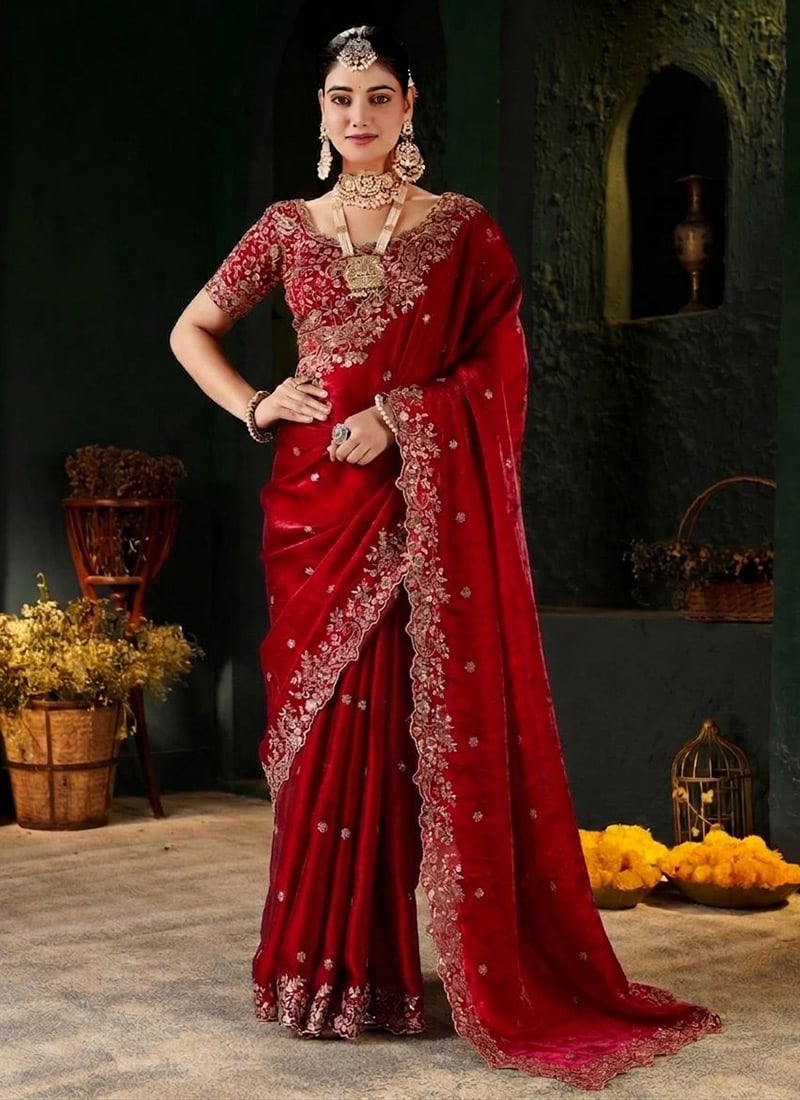 Maroon Silk Zari Embroidered Saree After Six Wear