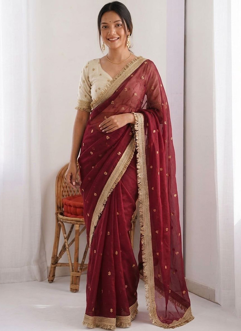Maroon Silk Zari Embroidered Saree After Six Wear