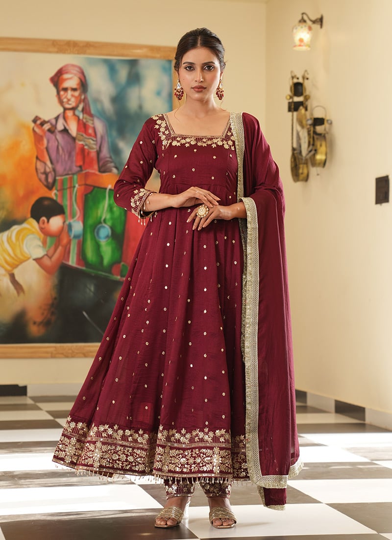 Maroon Silk Zari Embroidered Sequins Anarkali Suit Festive Wear