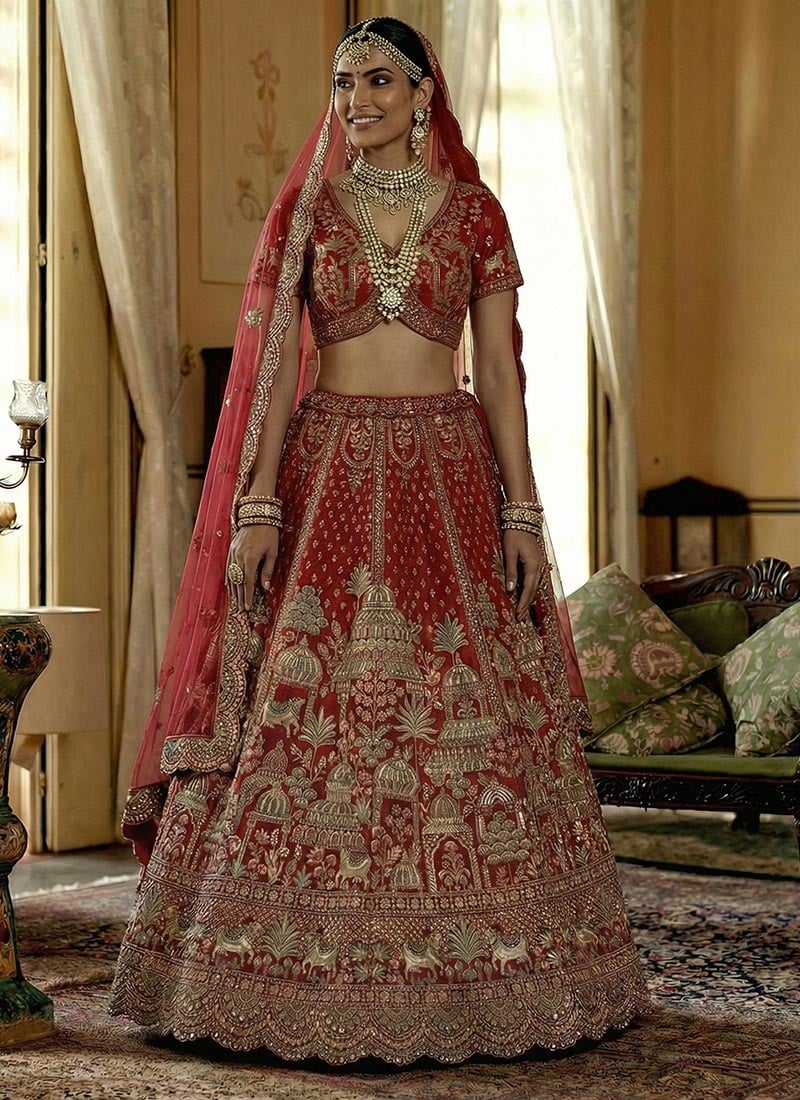 Maroon Silk Zari Embroidered Sequins Lehenga Wedding Wear