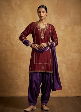 Maroon Silk Zari Embroidered Sequins Patiala Suit