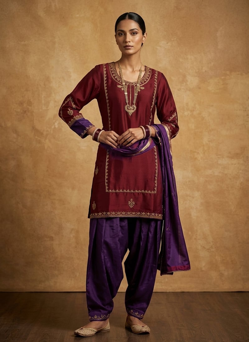 Maroon Silk Zari Embroidered Sequins Patiala Suit Festive Wear