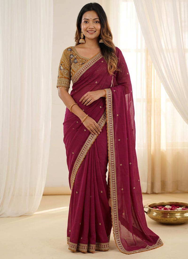 Maroon Silk Zari Embroidered Sequins Saree Festive Wear