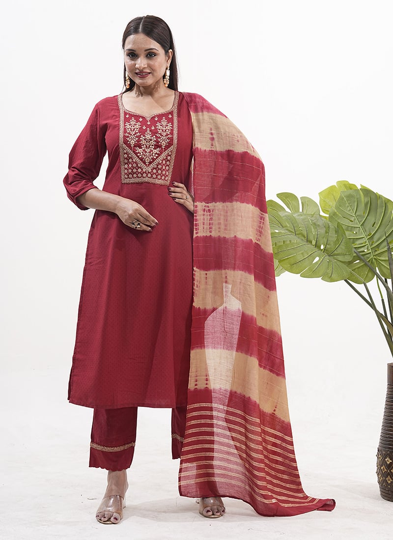 Maroon Silk Zari Embroidered Sequins Straight Pant Suit After Six Wear