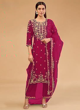 Maroon Silk Zari Embroidered Sequins Straight Pant Suit