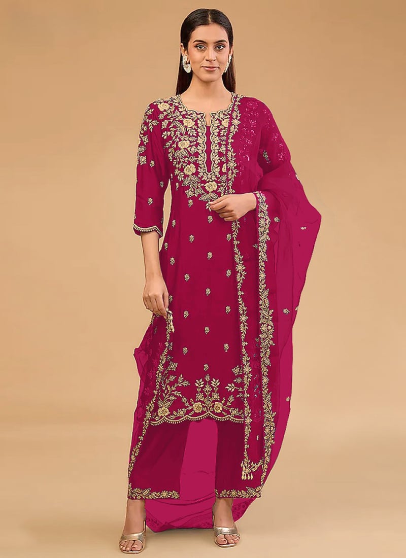 Maroon Silk Zari Embroidered Sequins Straight Pant Suit Festive Wear