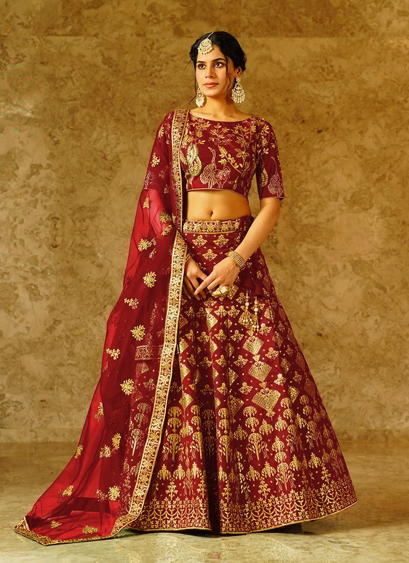 Maroon Silk Zari Embroidered Sequins Stylish Lehenga