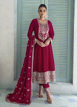 Maroon Silk Zari Embroidered Sequins With Gota Work A Line Anarkali Suit Festive Wear