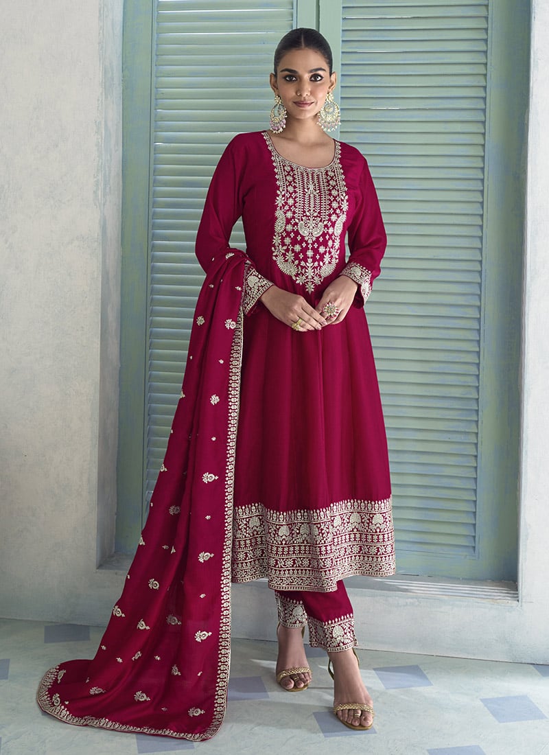 Maroon Silk Zari Embroidered Sequins With Gota Work A Line Anarkali Suit Festive Wear