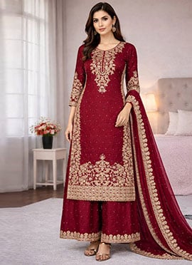 Maroon Silk Zari Embroidered Sequins With Moti Work Palazzo Suit