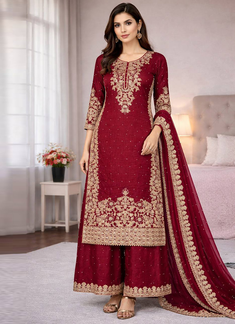 Maroon Silk Zari Embroidered Sequins With Moti Work Palazzo Suit Festive Wear