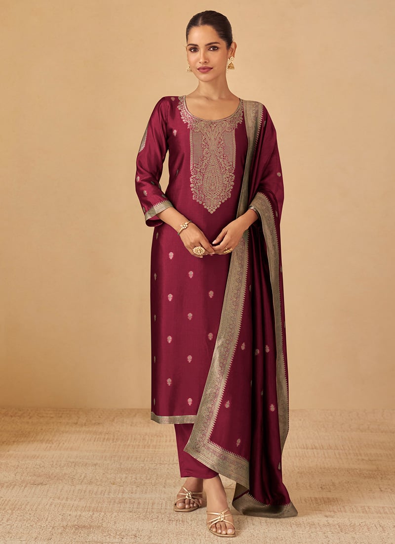 Maroon Silk Zari Embroidered Straight Pant Suit Festive Wear
