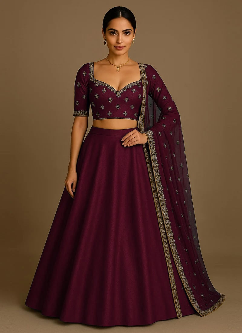 Maroon Silk Zari Hand Embroidered Sequins Lehenga